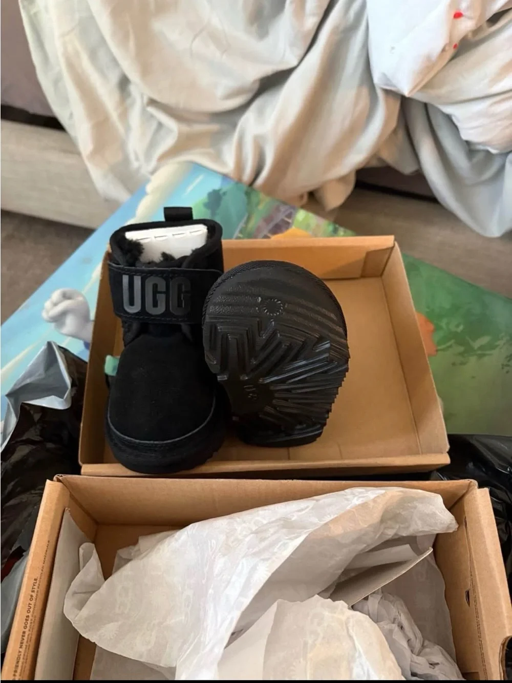 UGG Kids Black Suede Shearling Boots with Logo Strap